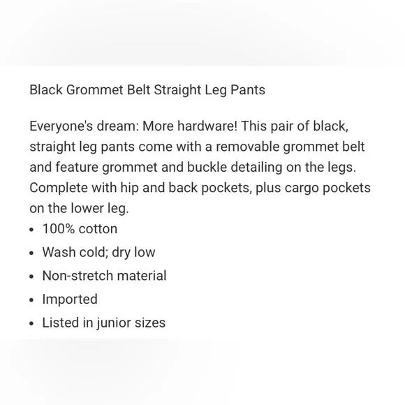 Hot Topic Black grommet belt straight leg black pants new without tags - Picture 3 of 4